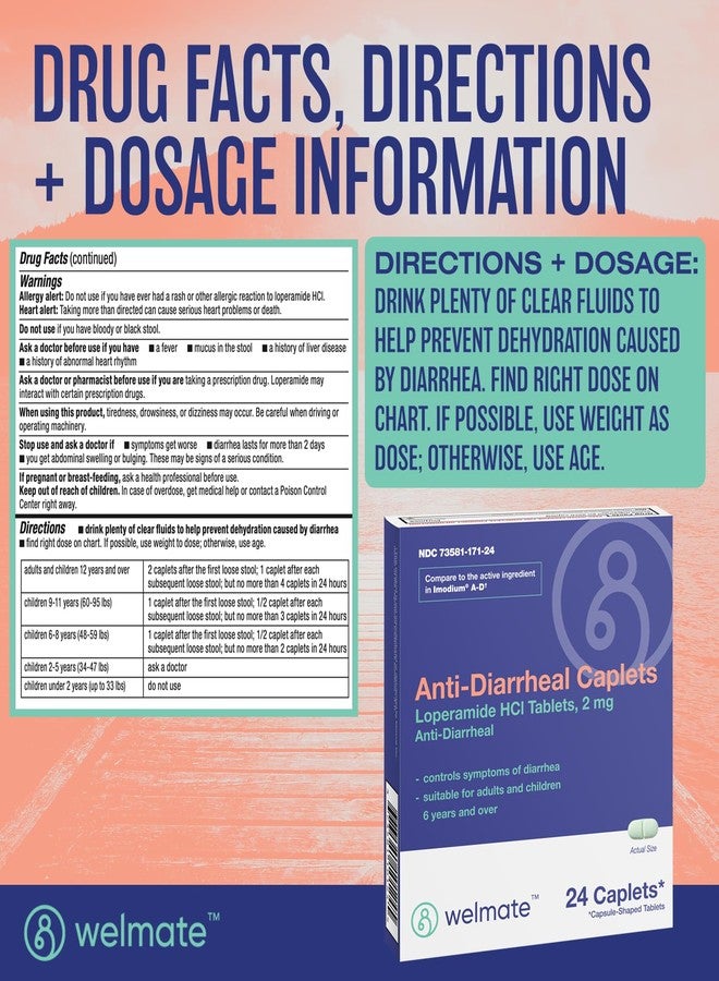WELMATE - Anti-Diarrheal Caplets (24 Caplets) - Loperamide HCL 2 mg - Diarrhea Symptom Relief - Upset Stomach Reliever - Anti Diarrhea Pills - Over-The-Counter Medication - Image 4